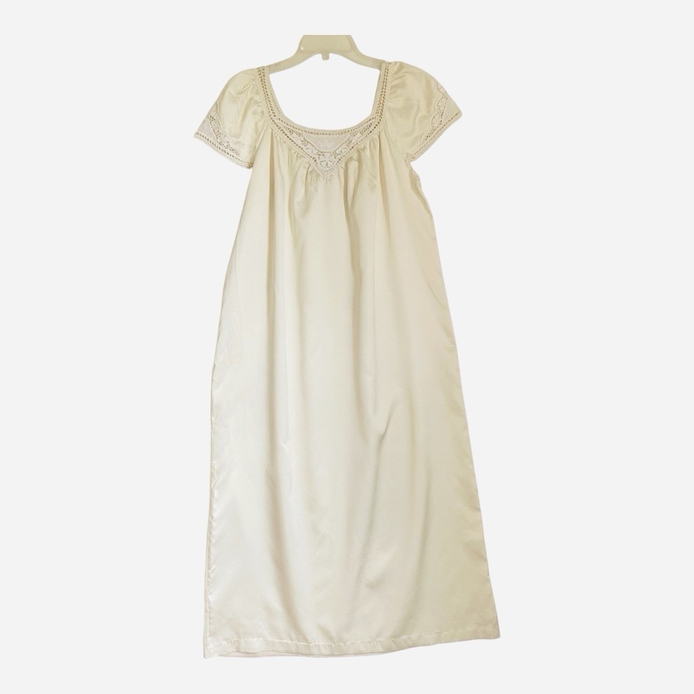Vintage Bert Yelin For Iris Nightgown Size S Cream Satin Crochet Romantic